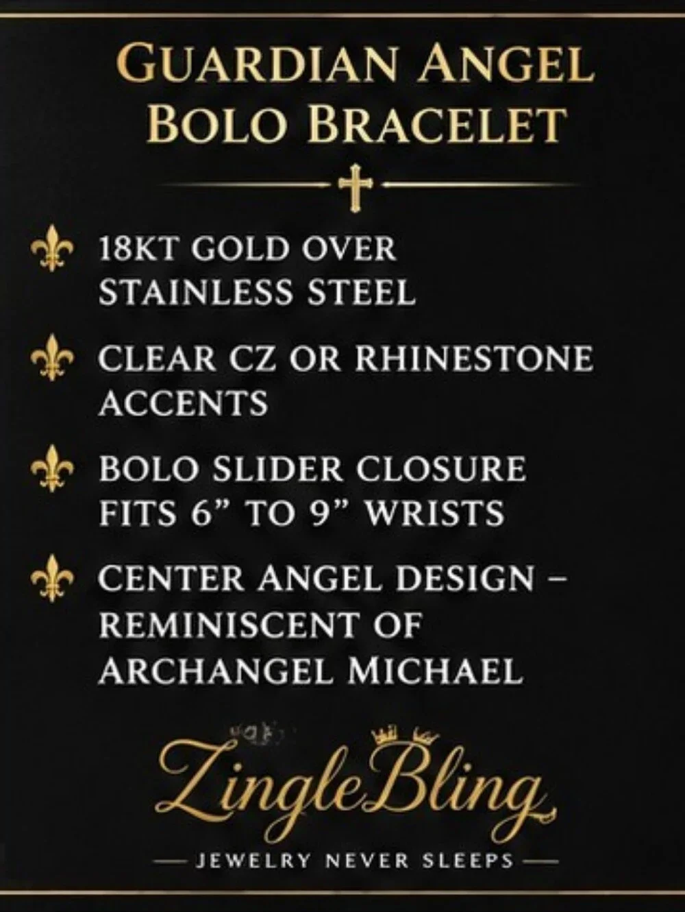 NOS 18K Gold Stainless Guardian Angel CZ Bolo Bracelet Adjustable